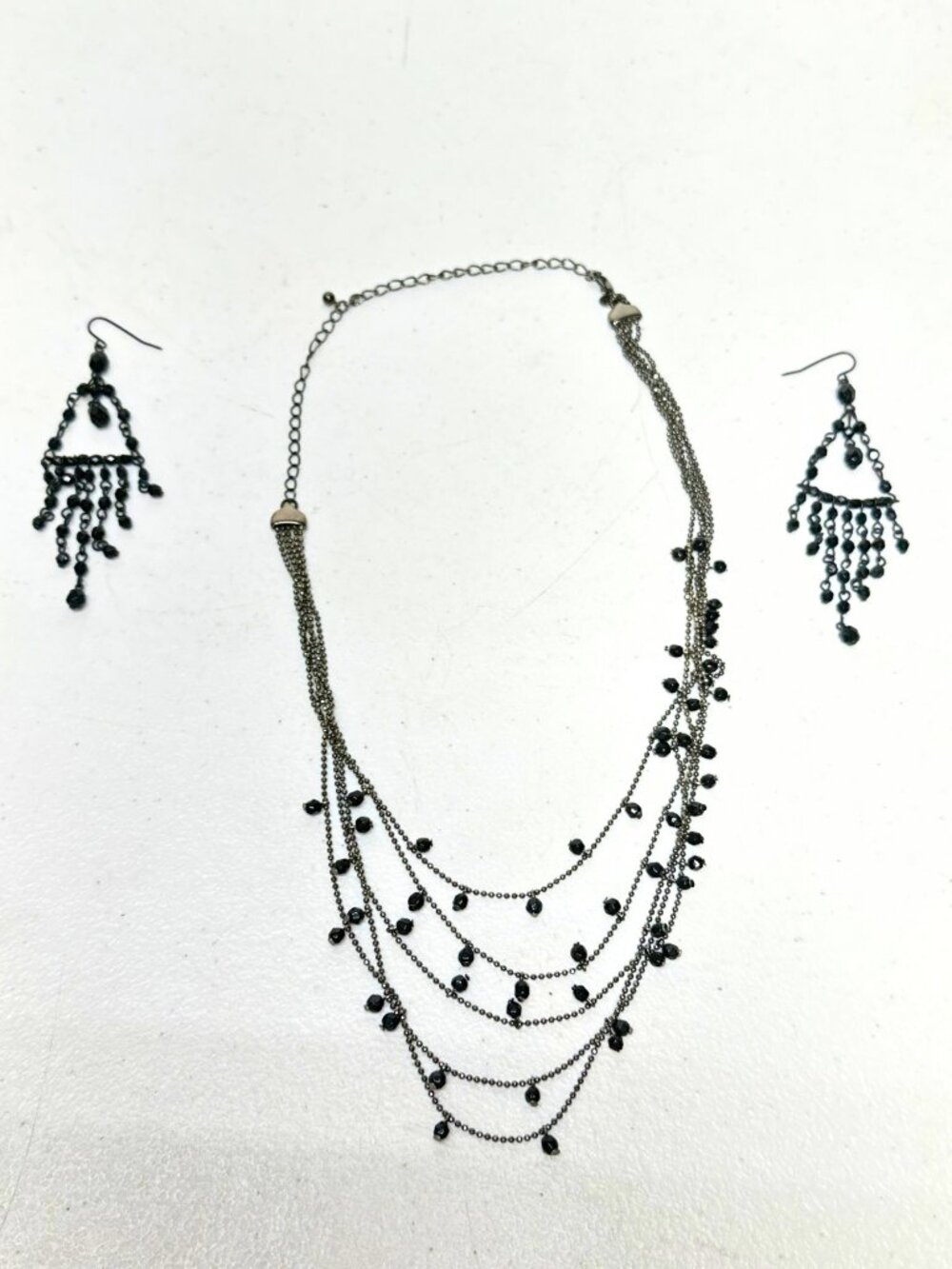 Vintage Gunmetal & Black Beaded Multi-Strand Necklace & Chandelier Earring Set